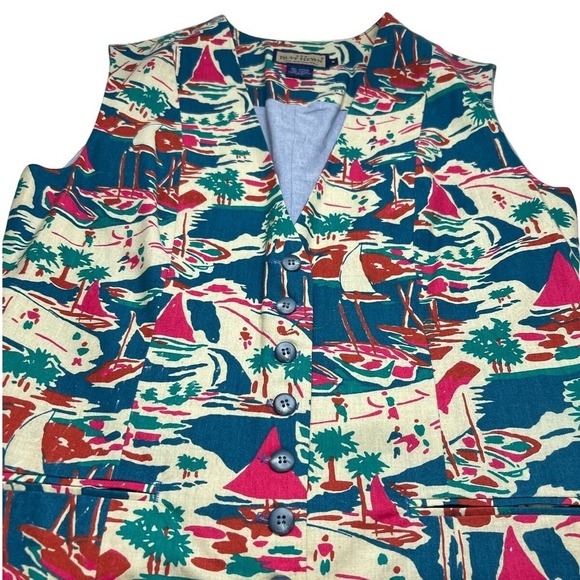 VTG Ruff Hewn Sailing Palm Island Colorful Print Button Front Womens Vest Medium - Picture 1 of 7